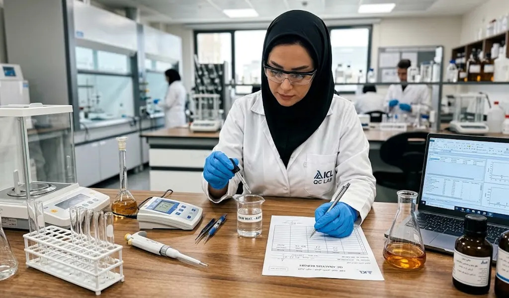 نمای نزدیک و فوتورئال از آزمایشگاه کنترل کیفیت یک کارخانه شیمیایی